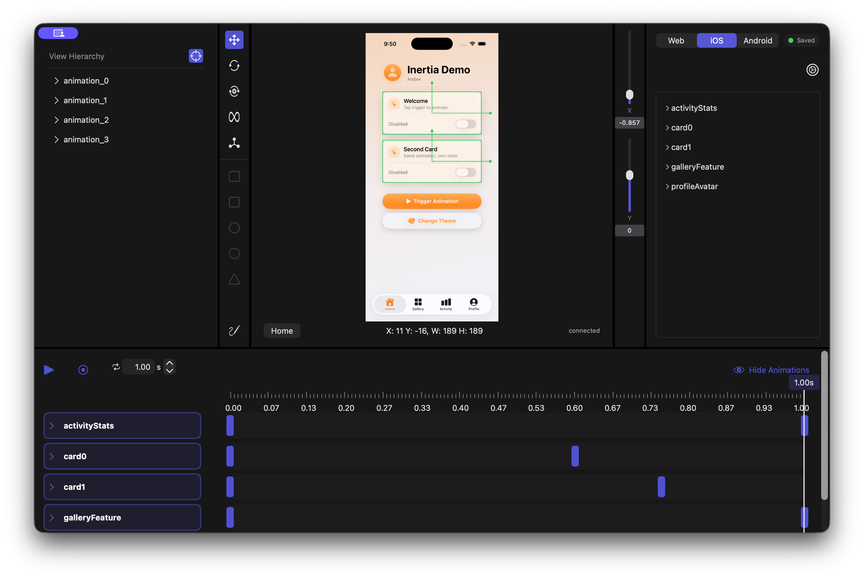 Dragging a card in the running app. Alignment guides snap against its neighbours, the X/Y readout is a fraction of the container, and the keyframe lands on the timeline below.
